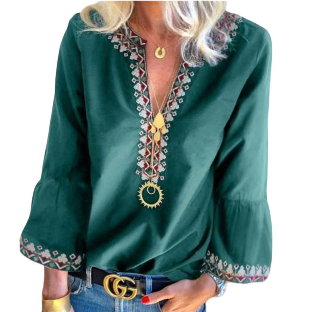 Casual Boho Hippie V Neck Embroidered Retro 70's Look Blouse Shirt